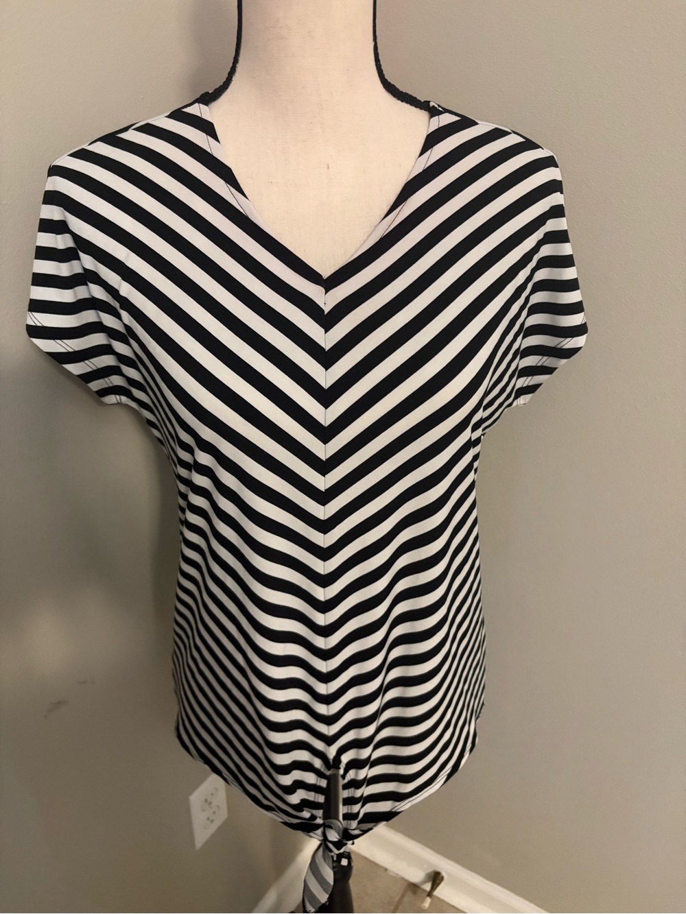 Chico's Black & White Striped V-Neck Tie-Hem Blouse